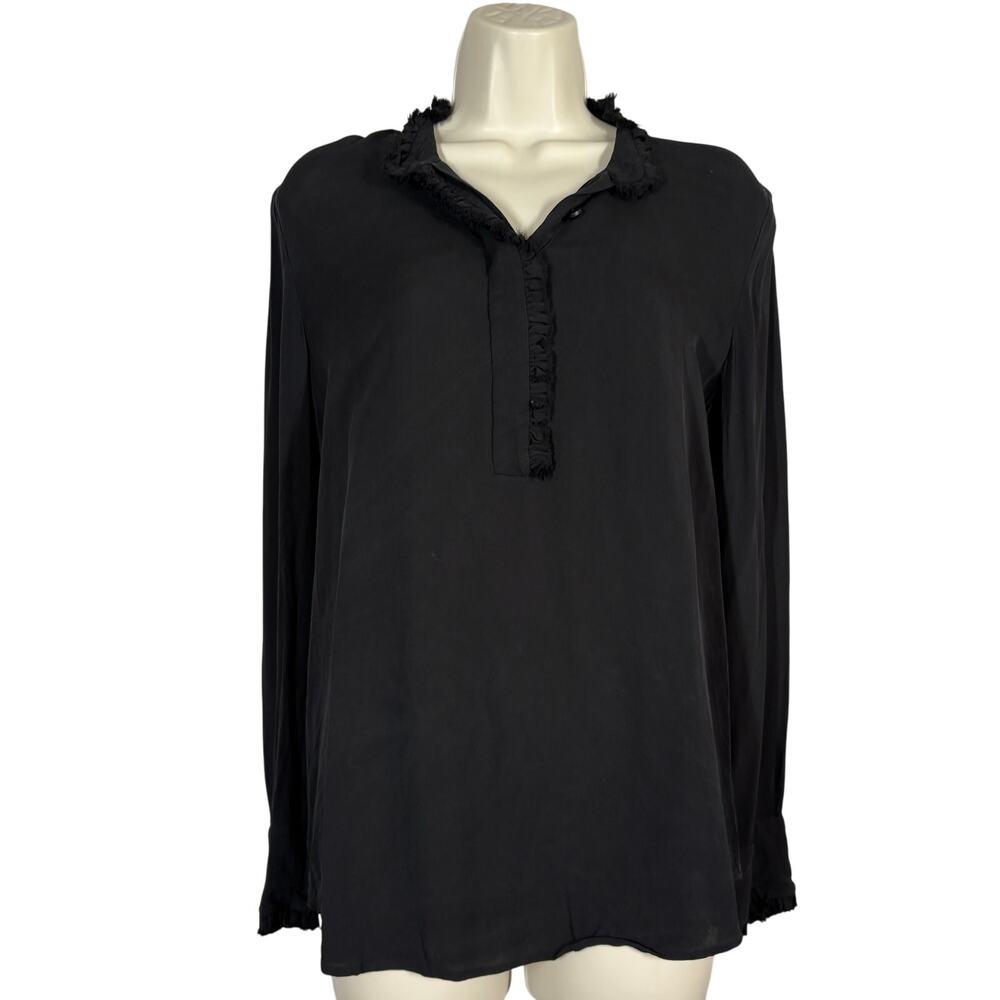 Theory Silk Long Sleeve Top Black Career Casual Ruffle Trim V Neck Cute - M